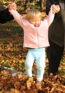 Josie jumping into the leaves