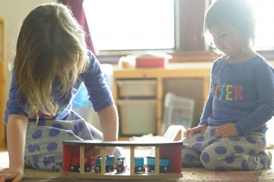 Josie and Celia lining up the trains in the roundhouse